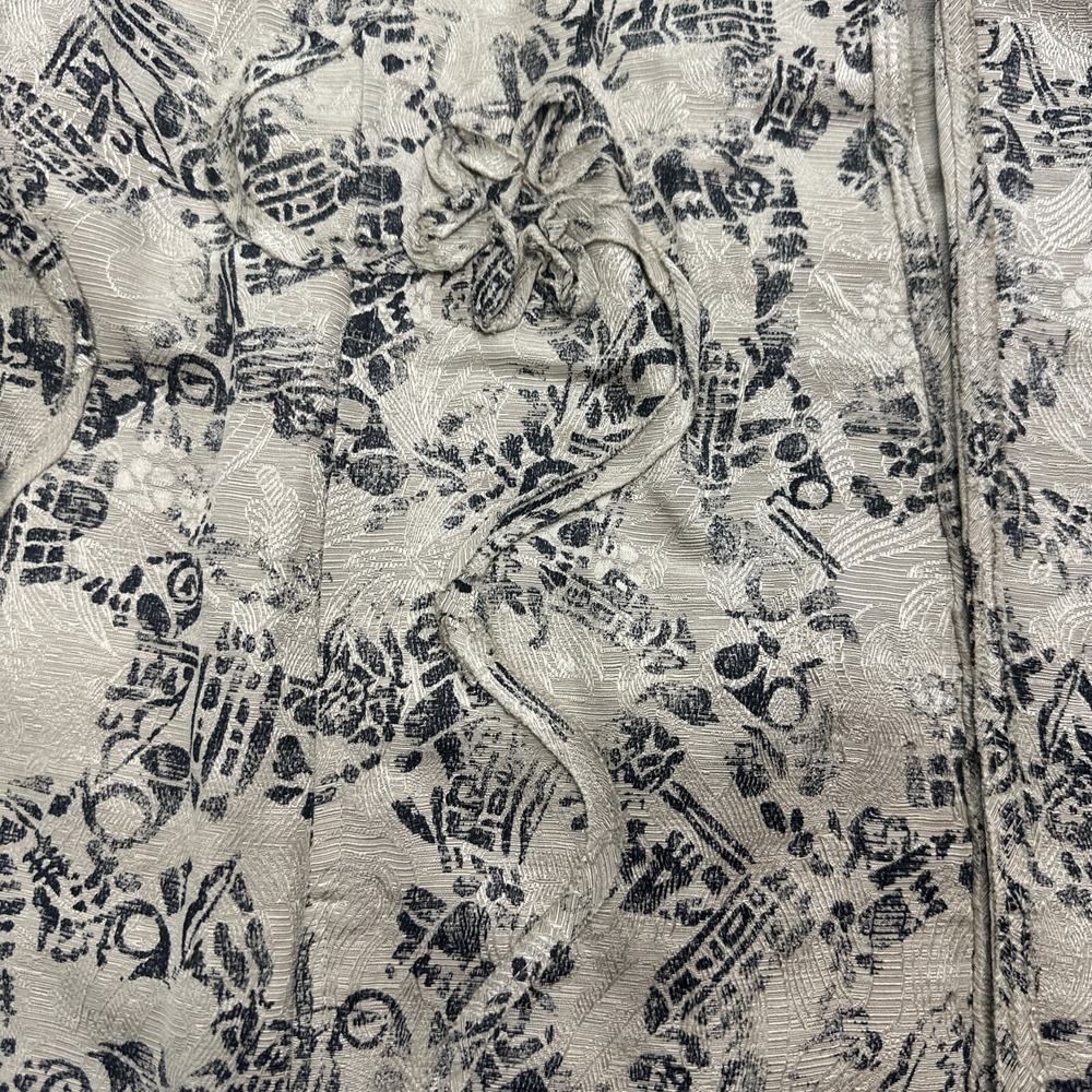 Chicos Silk Linen Open Front Jacket Size 2 Large Beige Black Abstract Floral Art - Picture 2 of 10